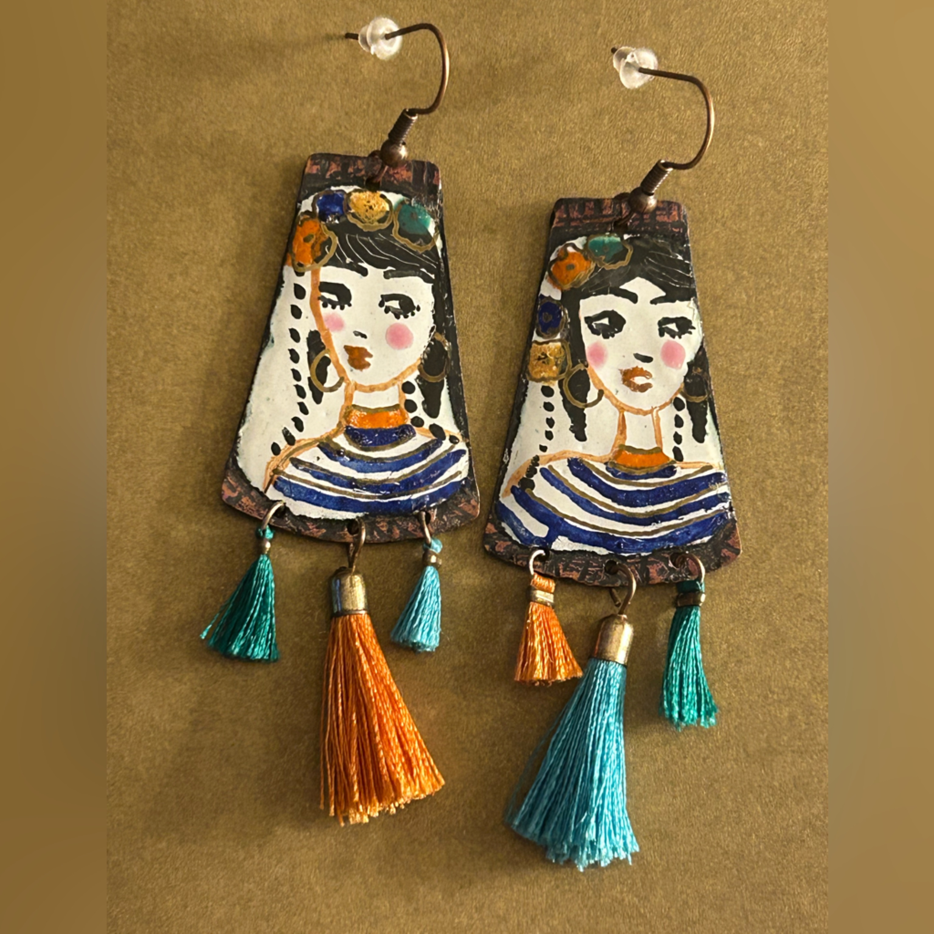 Earrings Nwot Copper Enamel, Silk Tassels “Delilah, The Temptress” Pierced Drop